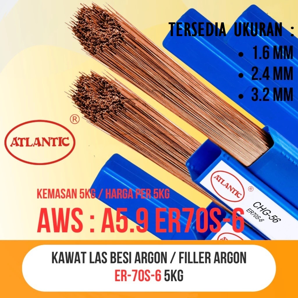 KAWAT LAS ARGON 1.6mm 2.4mm 3.2mm 70s-6 ATLANTIC Filler TIG ARGON BESI ER70S6 1,6mm 2,4mm 3,2mm 5KG