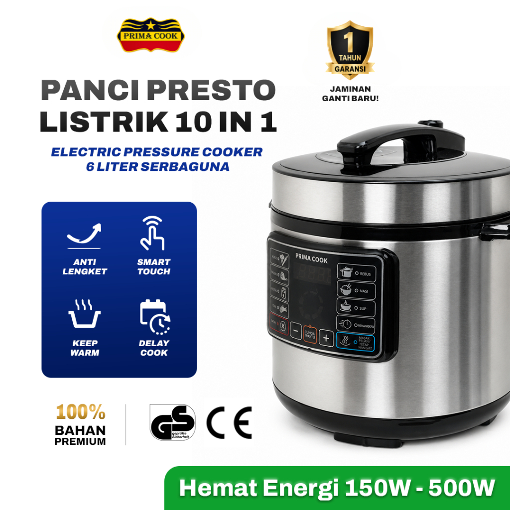 PRIMA COOK - Panci Presto Listrik 5 Liter 10 in 1 | Electric Pressure Cooker Digital Smart Touch | A