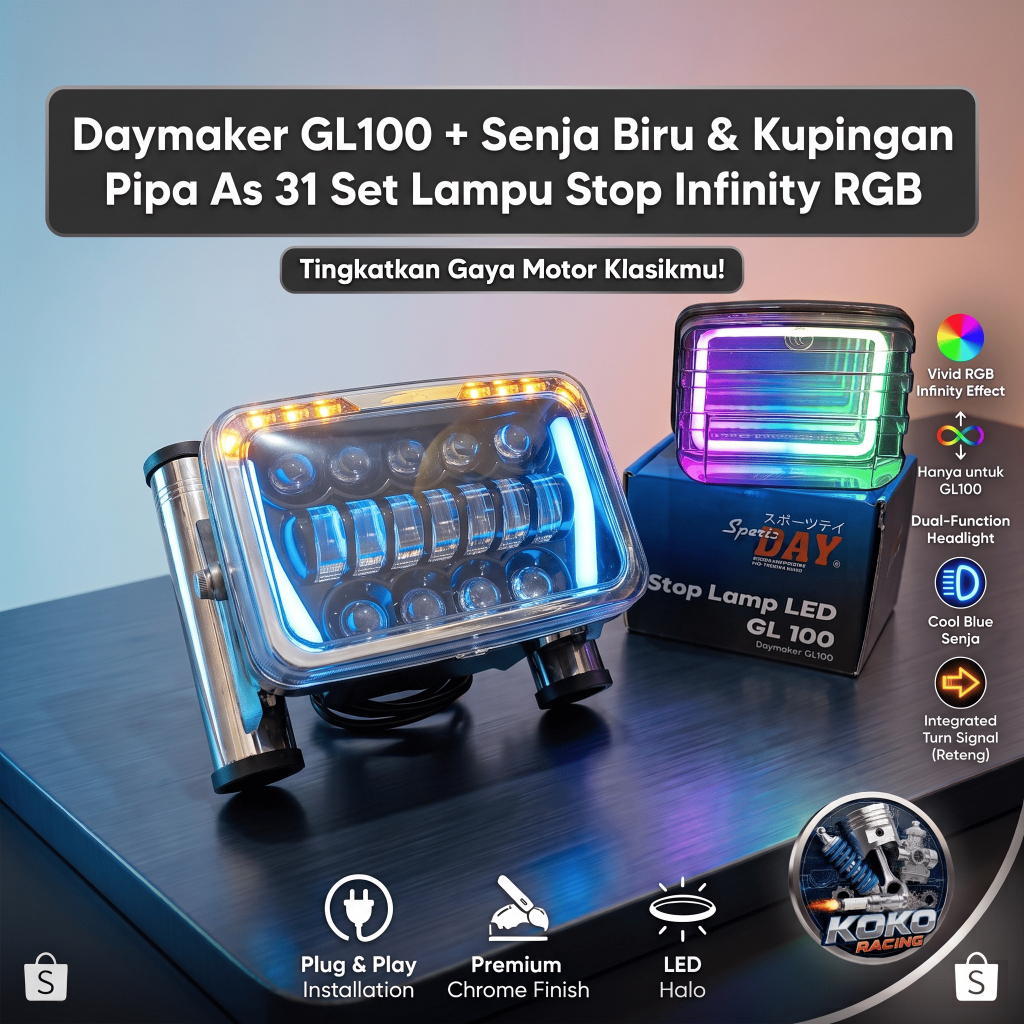 Reflektor Lampu GL100 Daymaker GL100 Senja Biru + Reteng Set Kupingan Pipa Set lampu Stop GL100 Infi