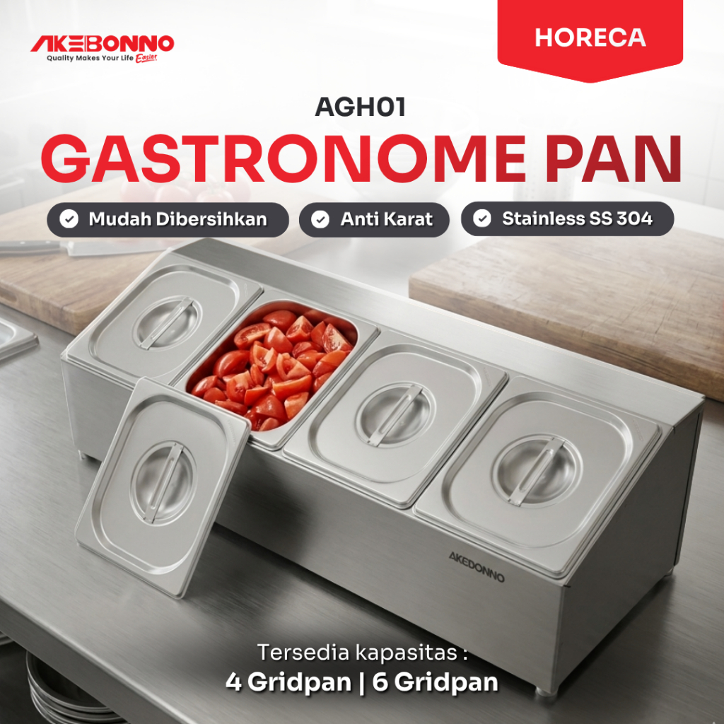 Akebonno | Gastronorm Pan GN Holder | Wadah Sup Saus & Bumbu Prasmanan | Stainless Steel Food Grade 