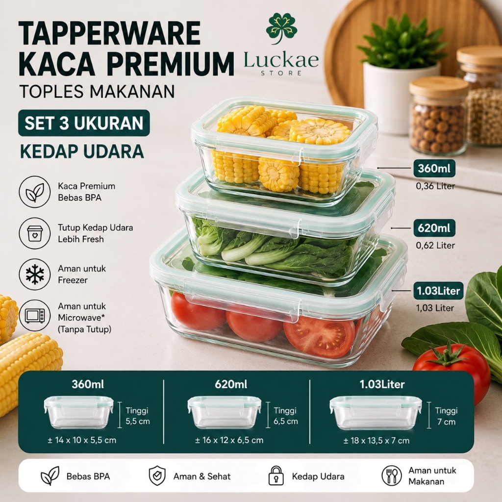 Tapperware Kaca Premium  Set 3 Ukuran Inclued Box Tempat Penyimpanan Makanan Kedap Udara Food Grade