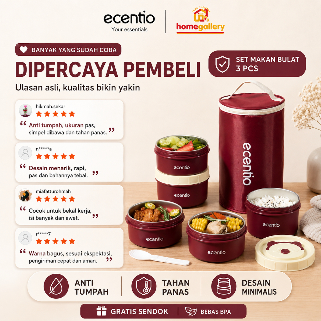 NEW [Jepang Round Stainless Lunch Box Seri] ecentio Lunch Box Set 3pcs Rantang Susun Lunch Box