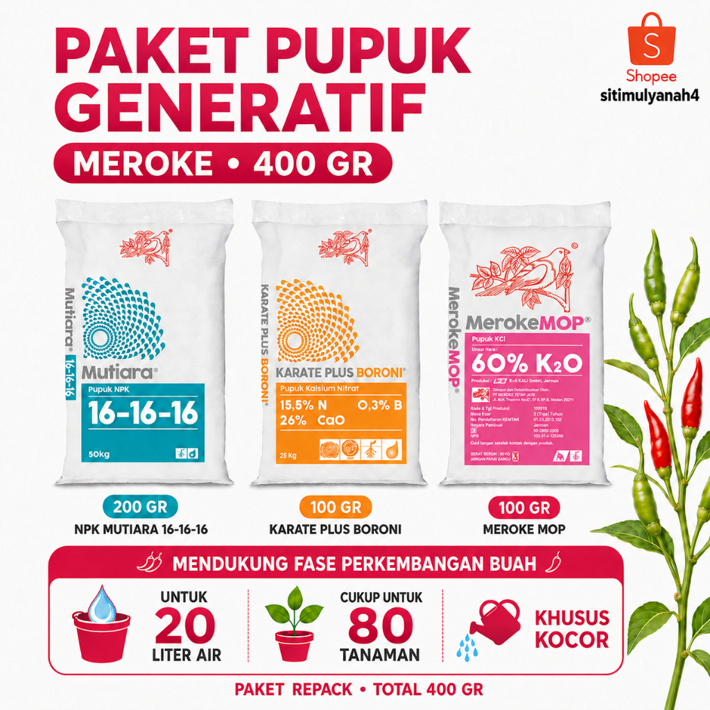 Paket Pupuk Kocor Generatif Meroke 400gr NPK Mutiara 16-16-16 Karate Plus Boroni KCL MOP Pembuahan