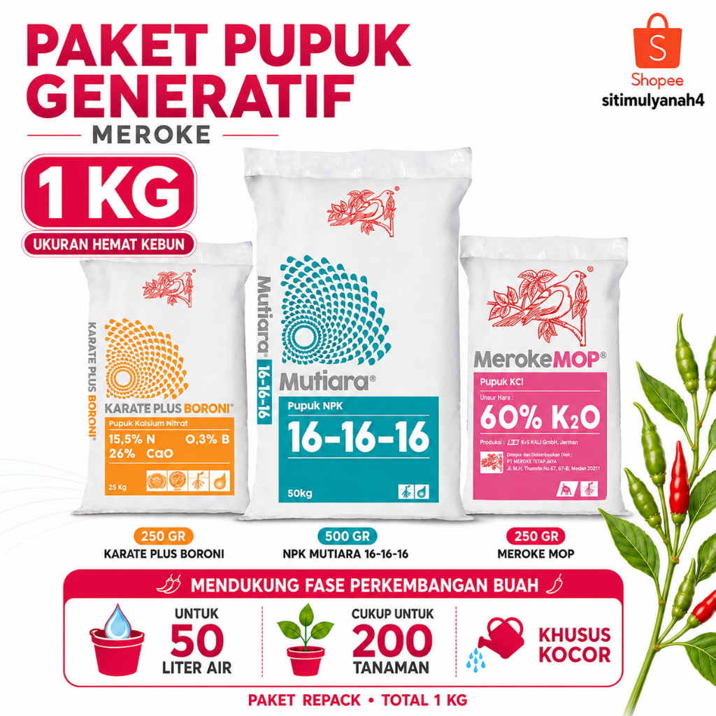 Paket Pupuk Kocor Generatif Meroke 1kg NPK Mutiara 16-16-16 Karate Plus Boroni KCL MOP Pembuahan