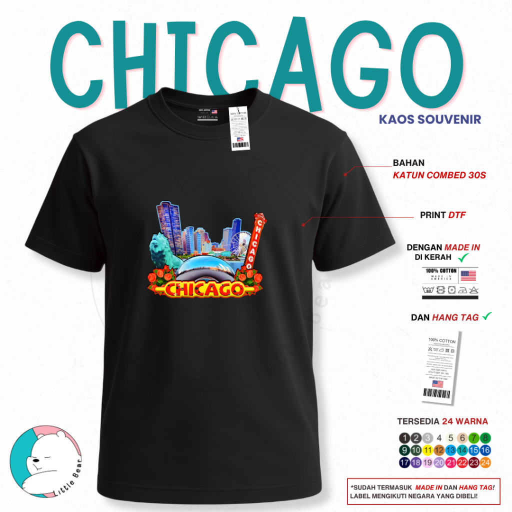 Littlebear Kaos Souvenir Chicago Amerika Serikat Baju Oleh-Oleh Type 1