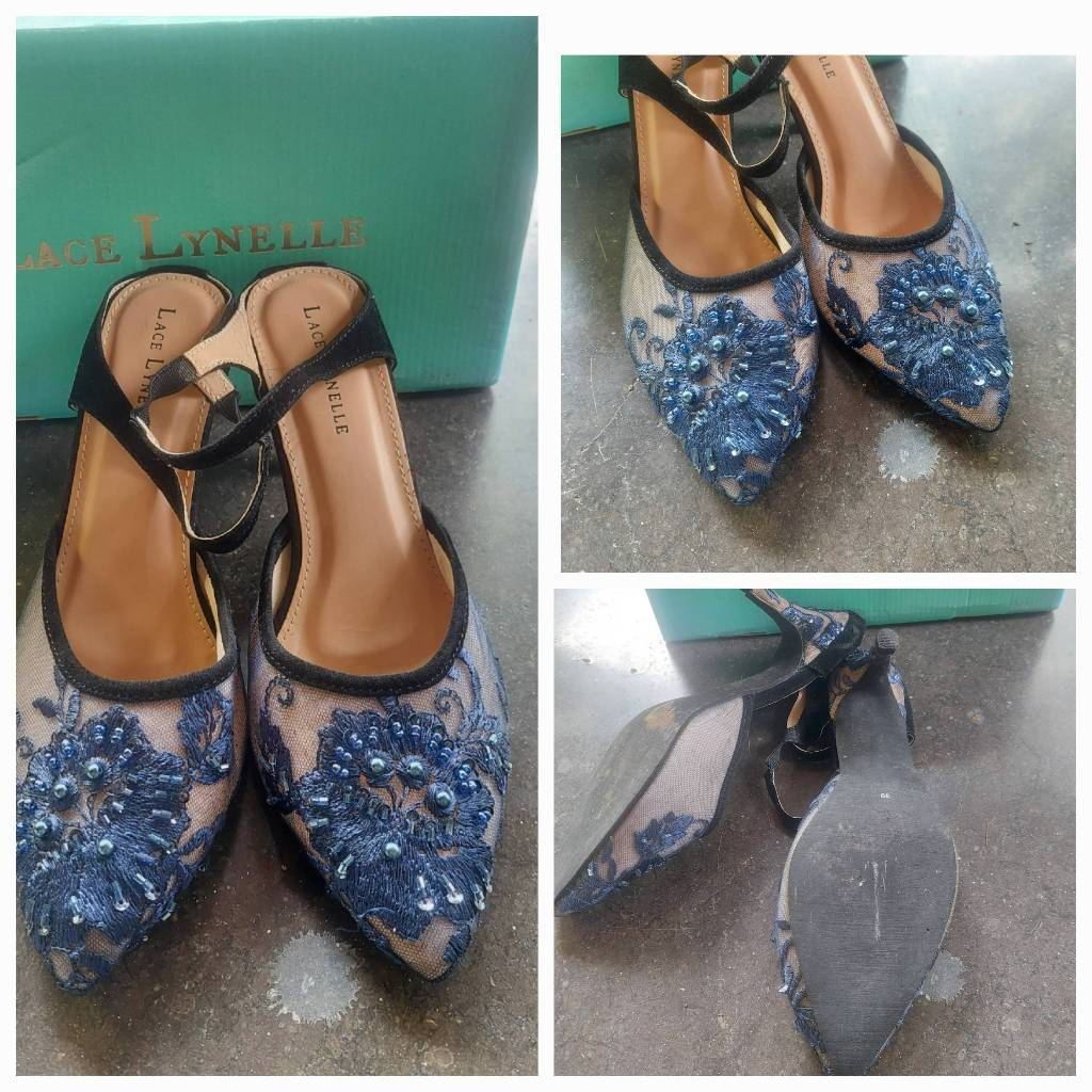 Preloved like new sepatu wanita MULES shoes LACE LYNELLE YESSY NUDE NavY (hanya 1x pakai) harga baru