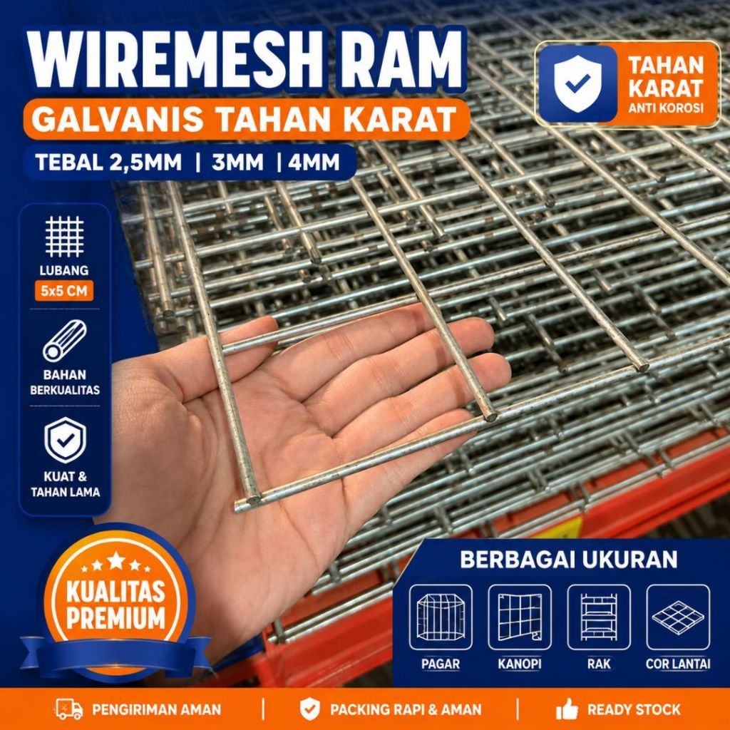 Wiremesh Ram Galvanis Tahan Karat Tebal 2,5mm 3mm 4mm Lubang 5x5cm Berbagai Ukuran