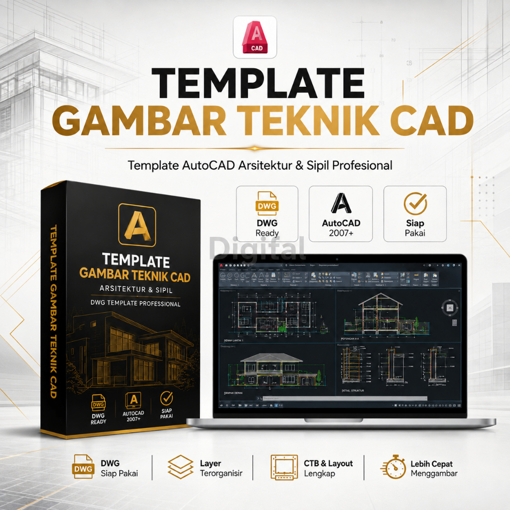 Template AutoCAD Gambar Teknik Arsitektur & Sipil DWG Siap Pakai | Layer CTB Layout AutoCAD 2007+ Pr