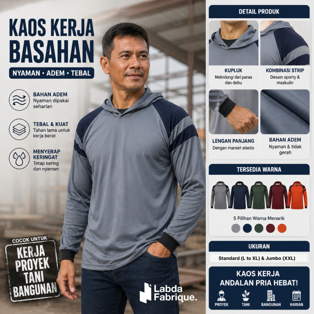 Kaos Basahan Tani Sawah Bertudung Telesan Kaos Proyek Kuli Kerja Lengan Panjang Hoodie Kupluk Topi B