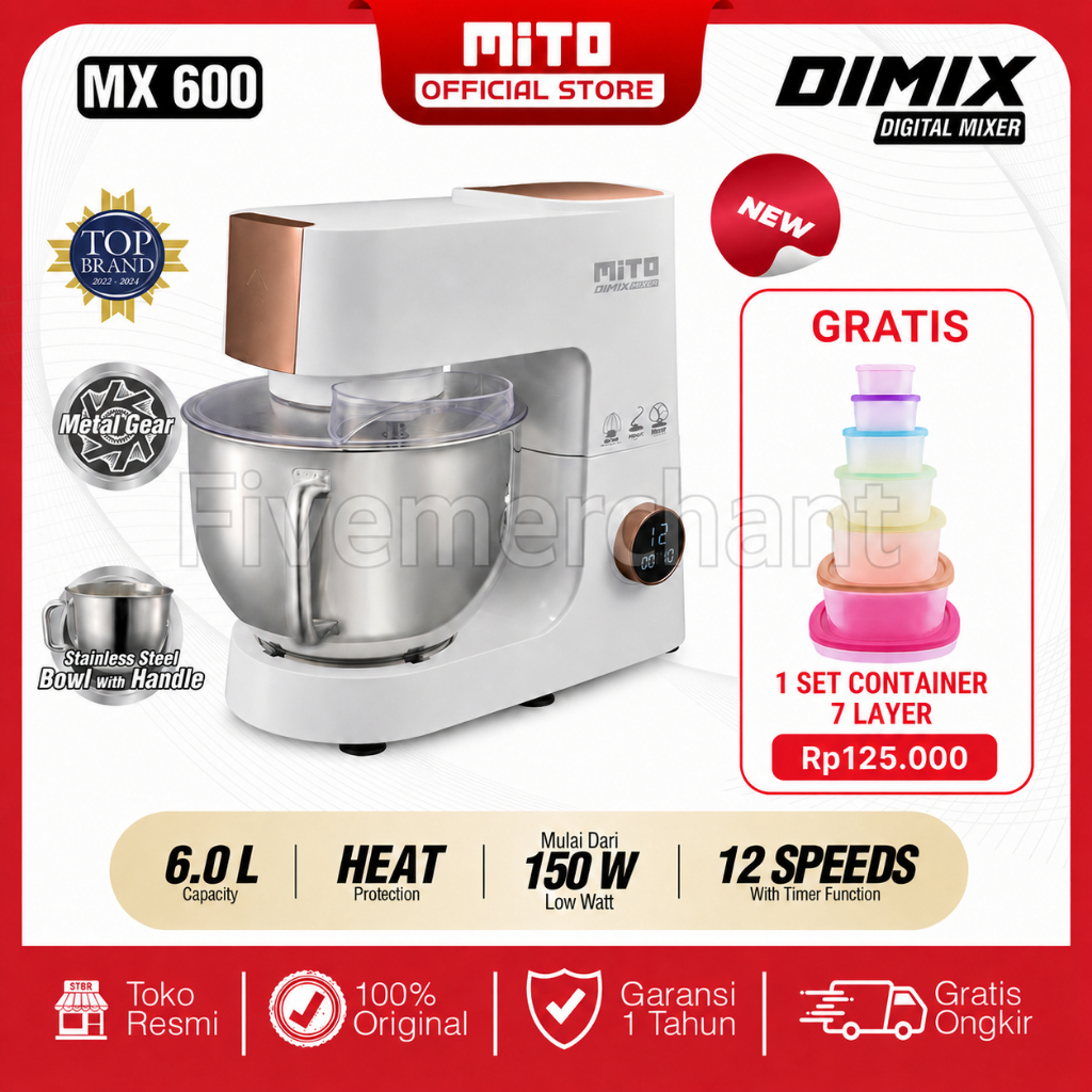 Stand Mixer Mito MX 600 6 Liter Pengaduk Adonan Professional Digital Electric Mixer Duduk MX-600 Mit