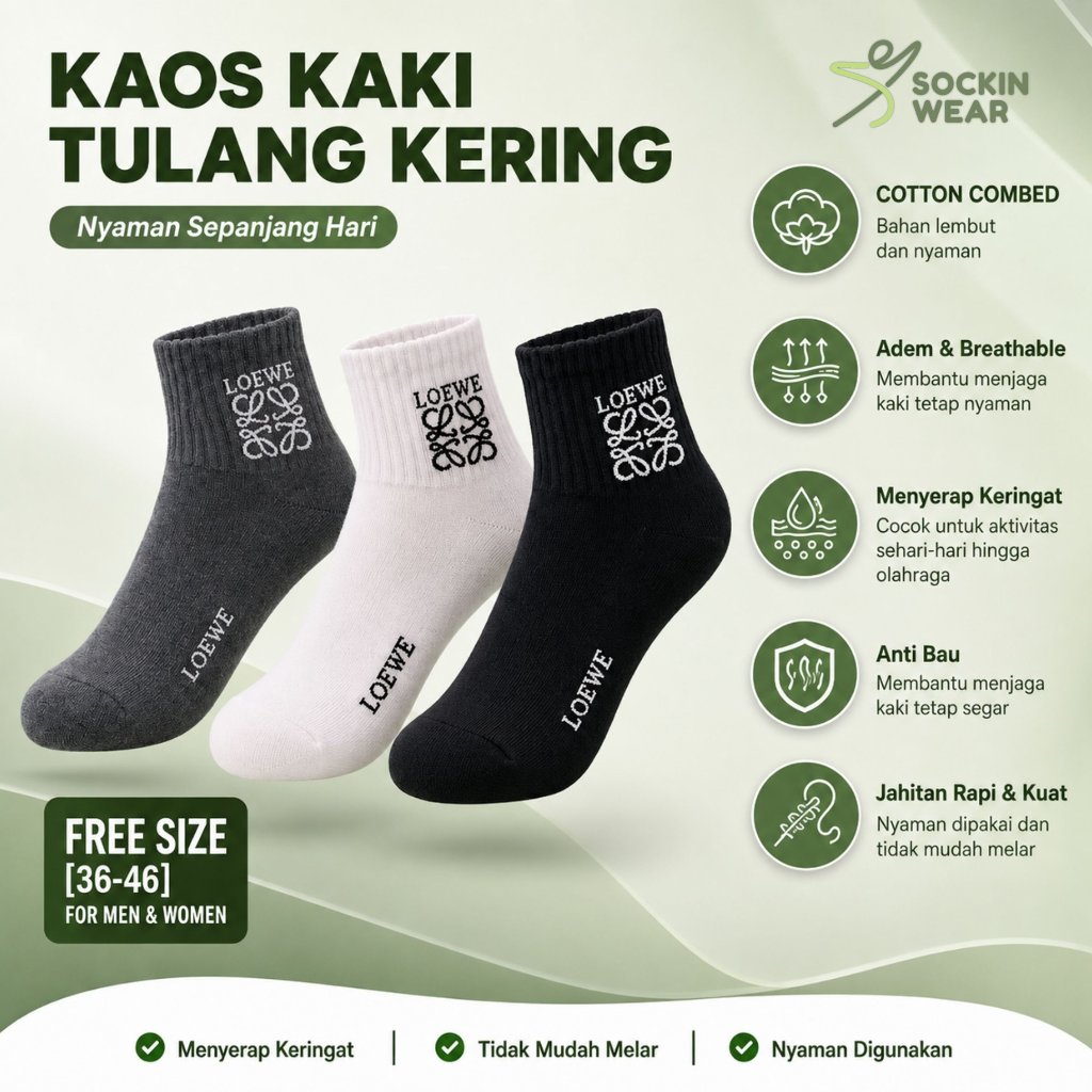 SOCKIN WEAR COD Kaos Kaki Loewe Pria Wanita Tebal Katun Combed l Anti Bau l Adem & Menyerap Keringat