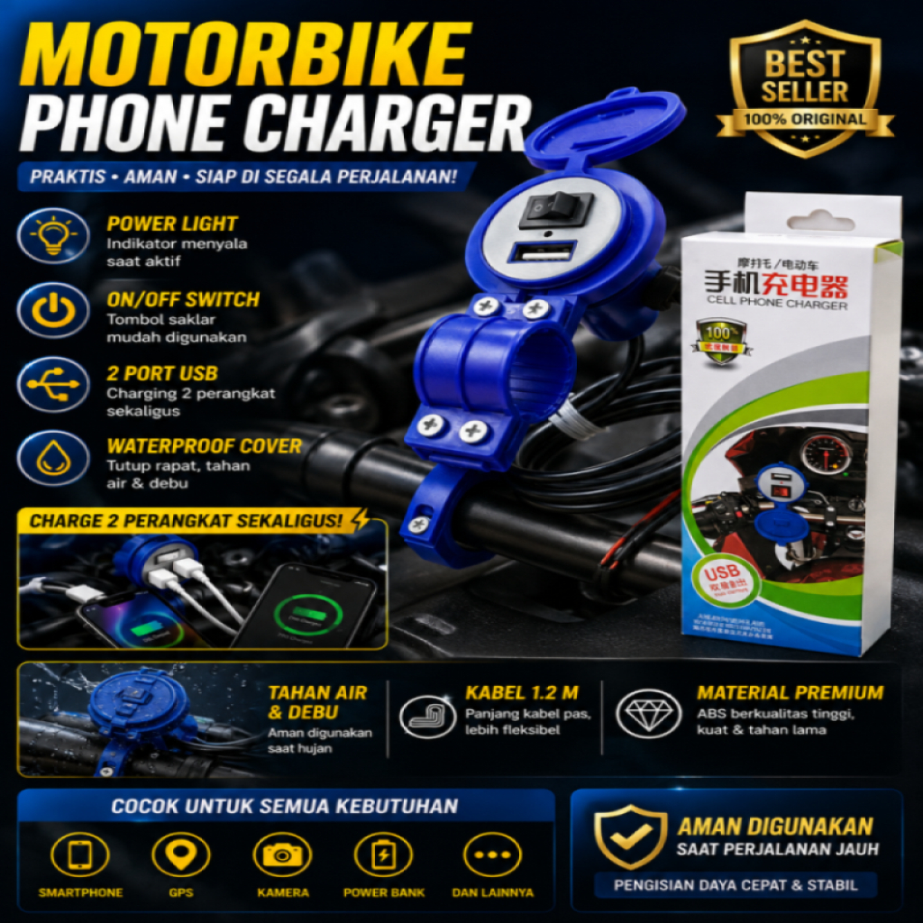 CHARGER MOTOR WATERPROOF  / CHARGER MOTOR USB PLUG / CHARGER AKI WATERPROOF