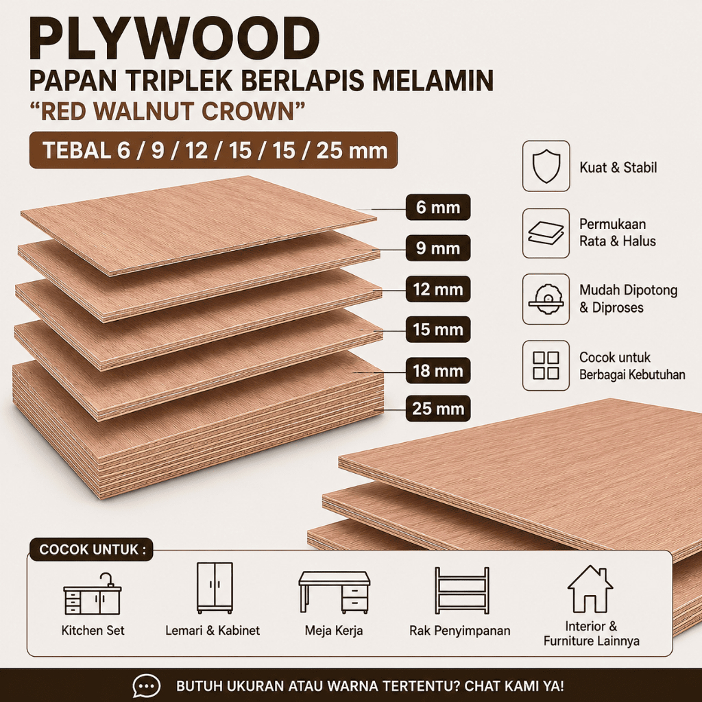 Triplek Multiplek Plywood "RED WALNUT CROWN" lapis melamin 1 lembar- papan kayu furniture Interior D