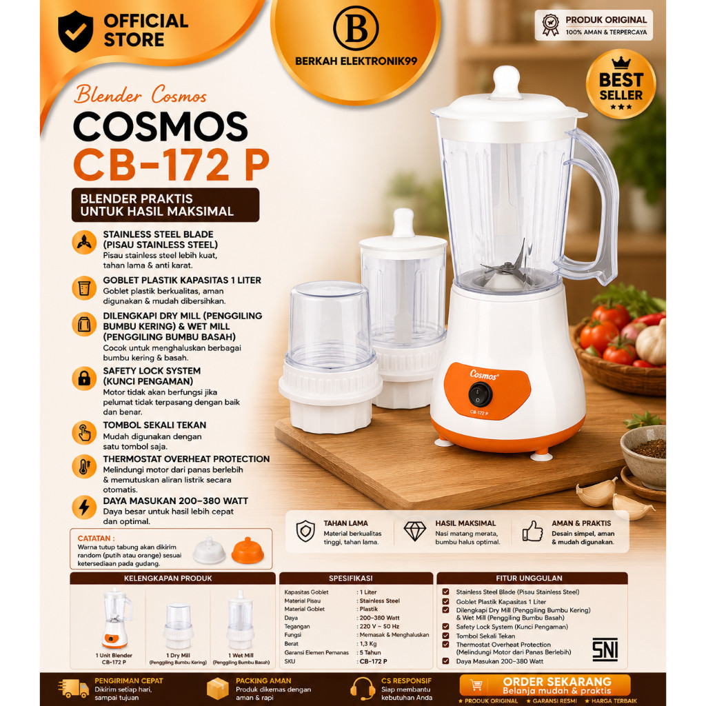 [COD READY] Cosmos CB172P Blender Plastik 1L Pisau Stainless Steel Thermostat Overheat Protection 3 