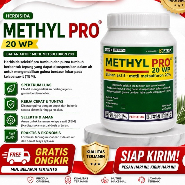 Methyl Pro 20 WP 250gr Metil Metsulfuron 20% Herbisida Gulma Kebun Sawit dan Pertanian