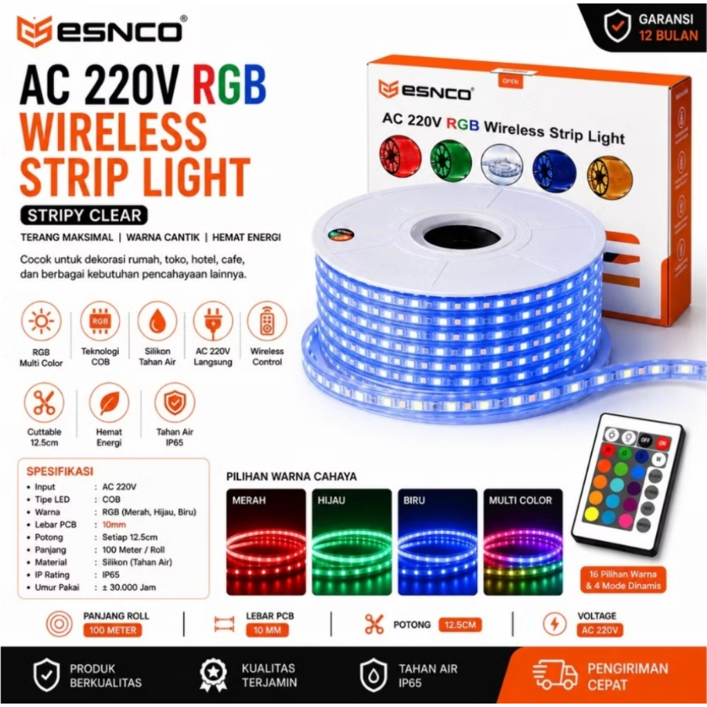 ESNCO Lampu LED Strip Selang RGB 5050 60LED 10MM 100Meter