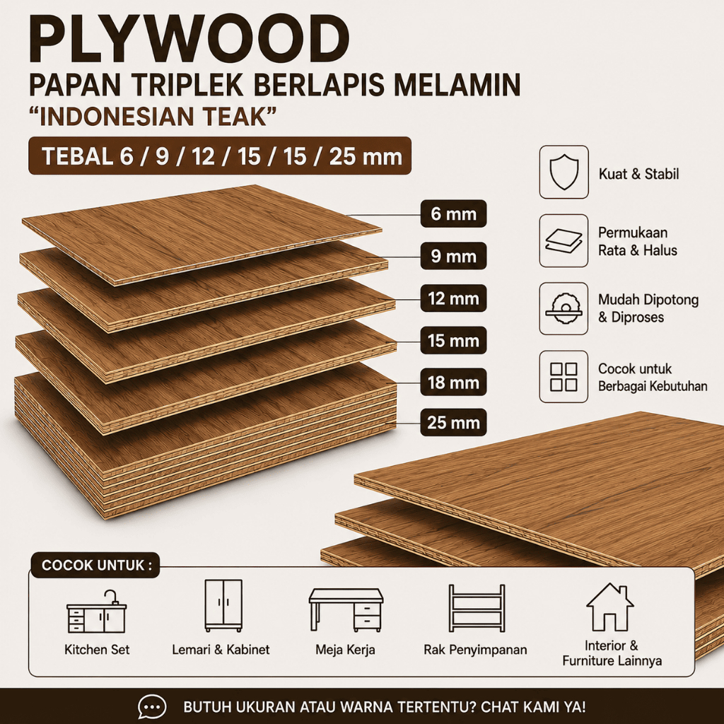 Triplek Multiplek Plywood "INDONESIAN TEAK" lapis melamin 1 lembar- papan kayu furniture Interior DI