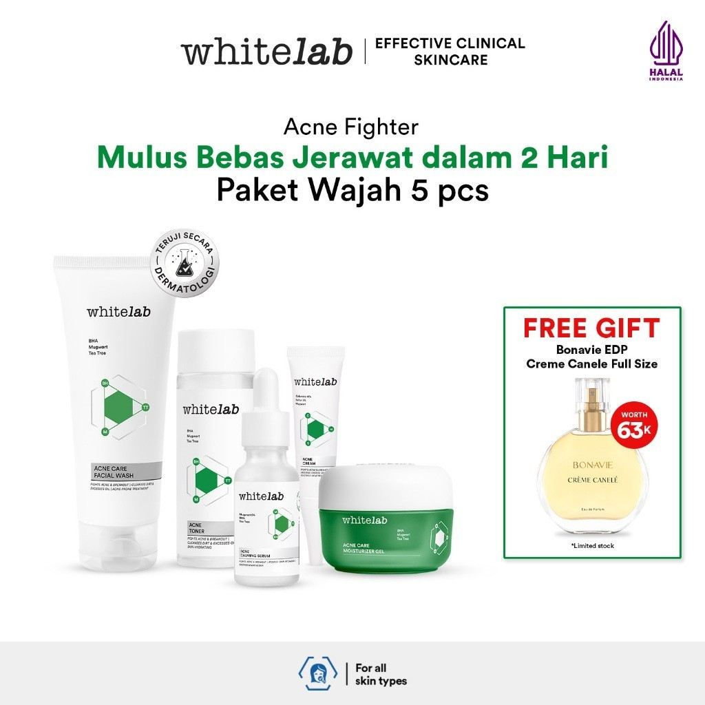 Whitelab 5 pcs Paket Acne Lengkap - Facial Wash, Toner, Serum, Moisturizer, Acne Cream Paket Skincar