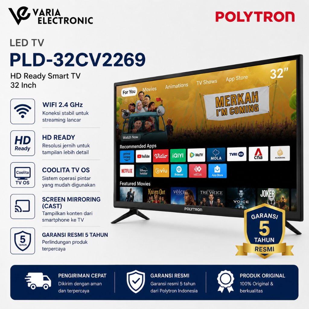 POLYTRON PLD-32CV2269 LED TV 32 Inch HD Ready Smart TV WiFi 2.4 GHz Coolita TV Screen Mirroring