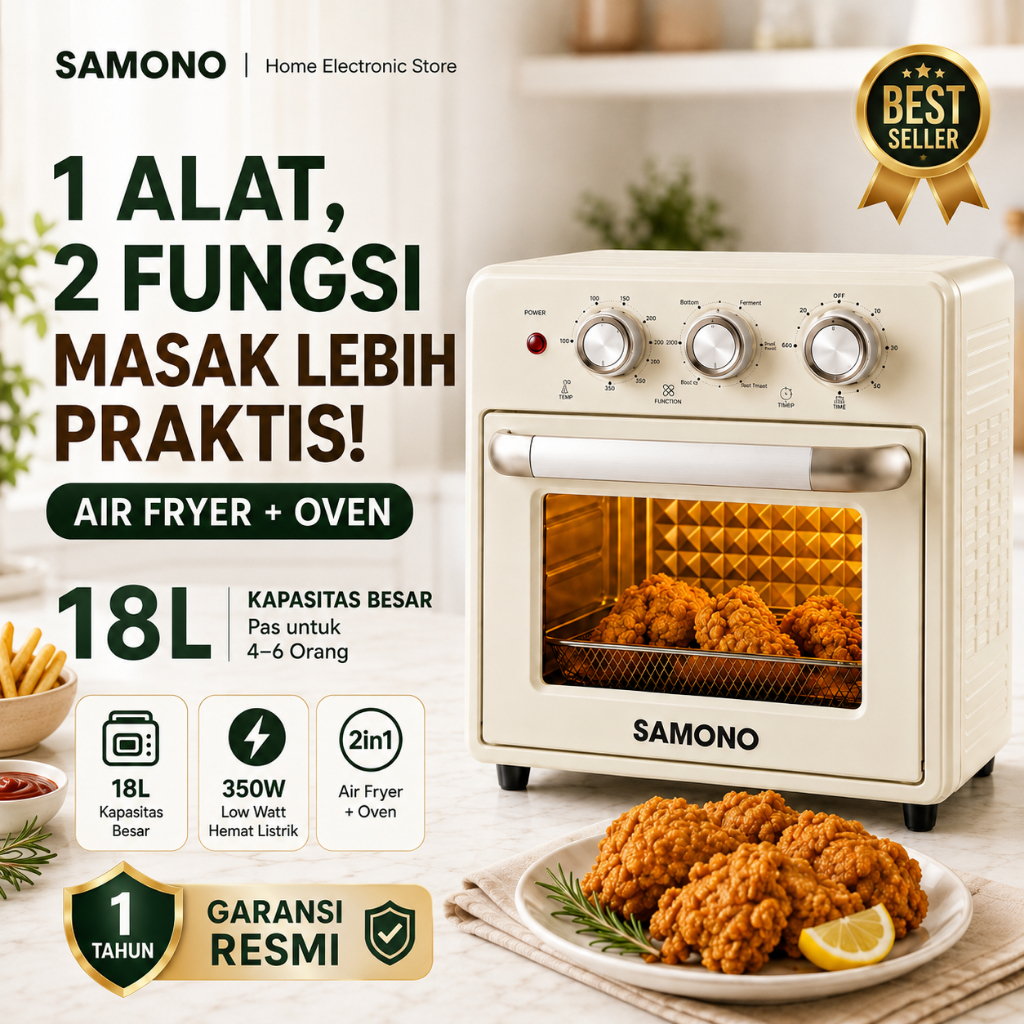 SAMONO Air Fryer Oven 18 Liter 2 in 1 SW-AFV18 Kapasitas Besar Low Watt 350W Air Fryer Multifungsi O