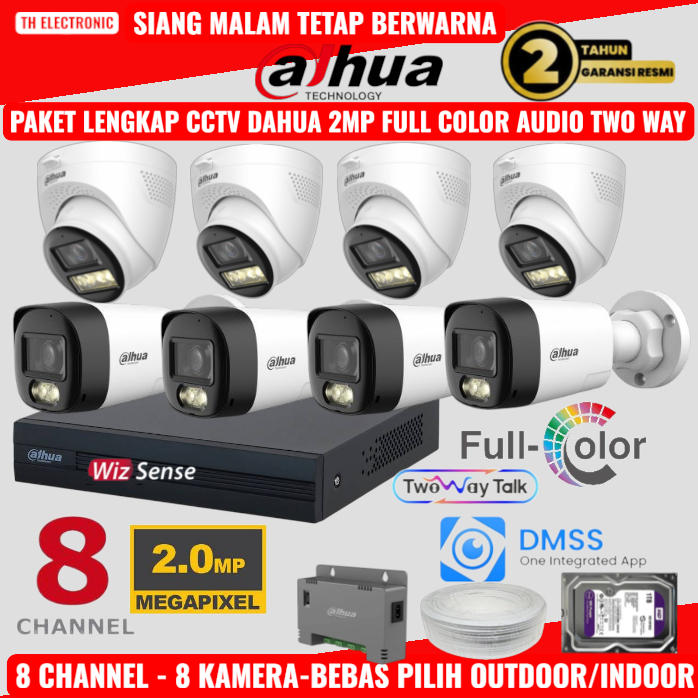 Paket Lengkap  CCTV Dahua 8 Camera 2MP FullColor ColorVu Audio Two Way 8CH DVR + 8 Channel 8 Camera 