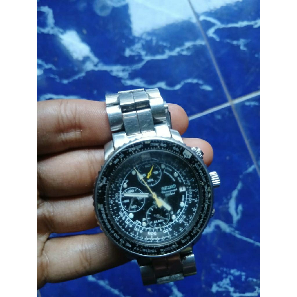 Jam Tangan Pria Seiko SNA411P1 Flightmaster Pilot Alarm Chronograph Black Dial Original Mewah