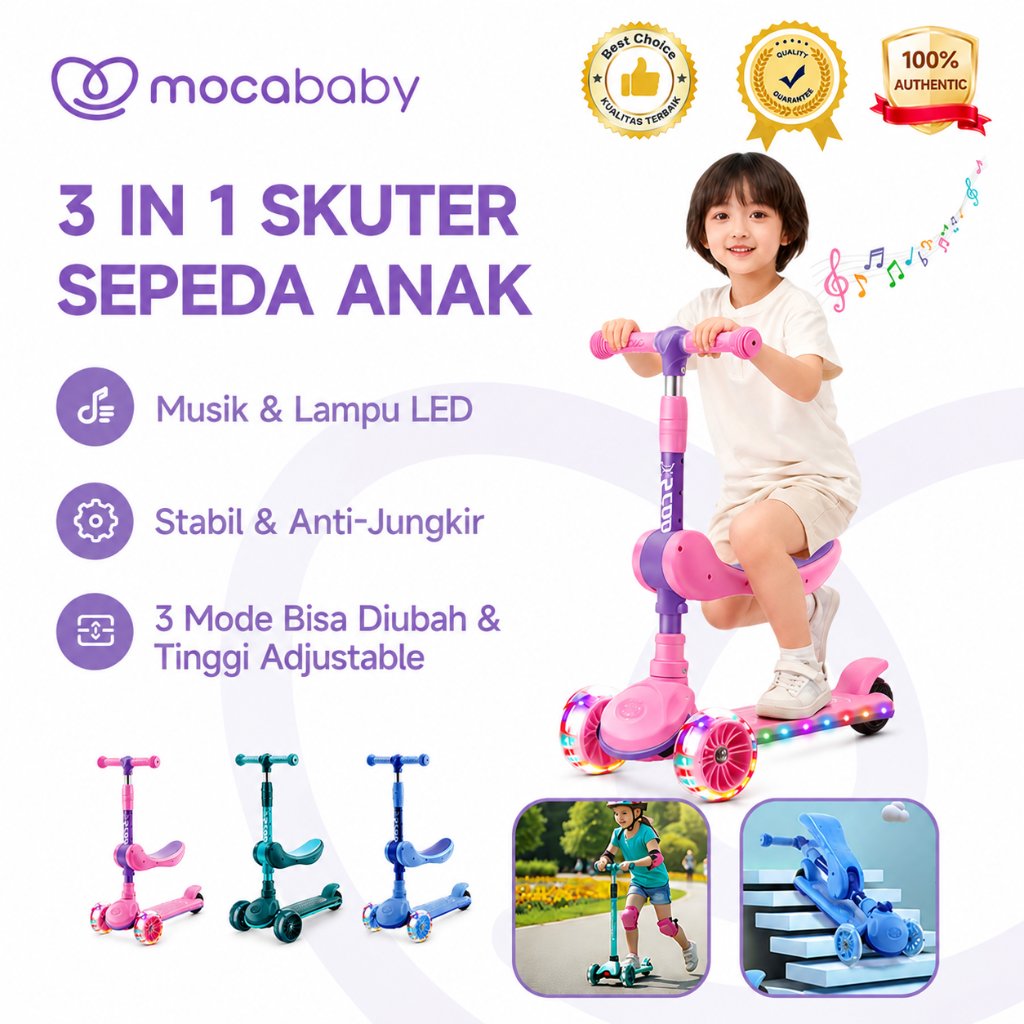 Mocababy Skuter Sepeda Anak 3 in 1 Scooter Anak Roda 3 injak Bisa Lipat dengan Lampu Musik ET02