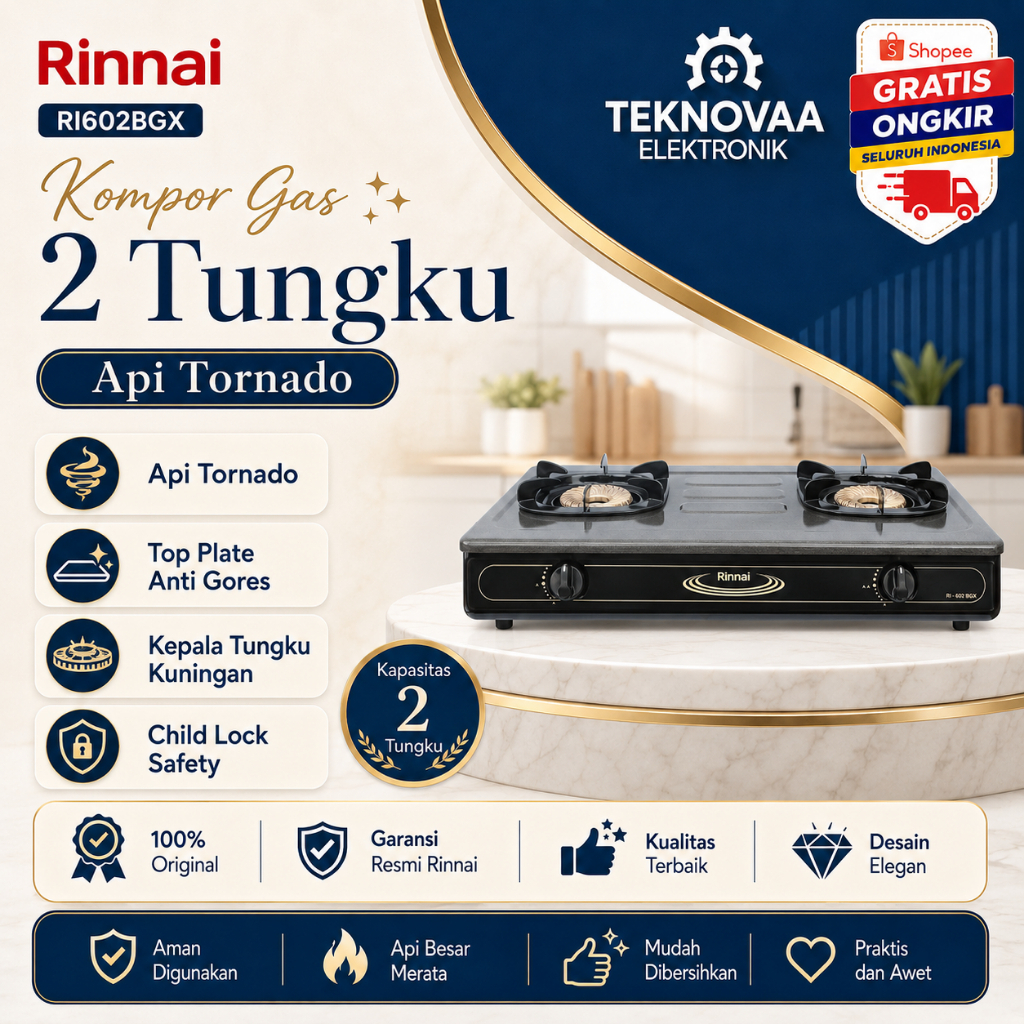 RINNAI KOMPOR GAS 2 TUNGKU RI 602 BGX/RI602BGX/RI602 BGX/RI 602BGX/RI-602BGX/ORIGINAL RINNAI/GARANSI