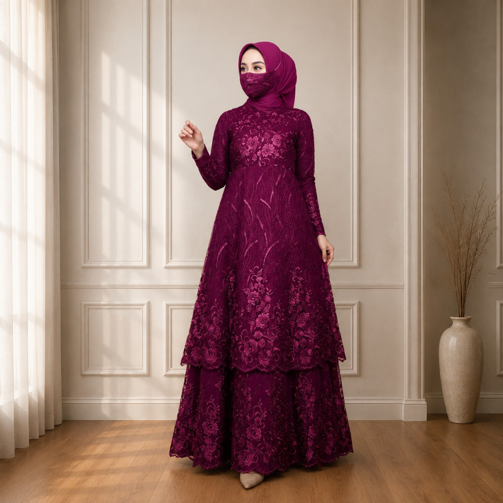 (New Product) Free Masker / Gamis Nadhira /  Size S-M,L,XL,XXL / Dress Susun Tingkat Full Brukat / S