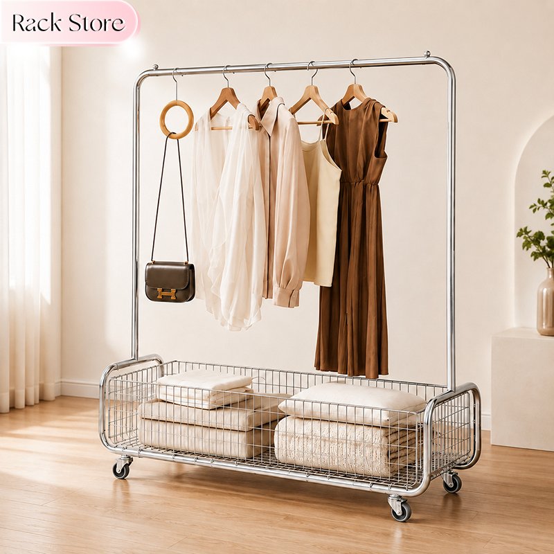 Rak Gantungan Baju Stand Hanger Berdiri Jemuran Roda Besi Stainless Berdiri Rak Troli Dorong
