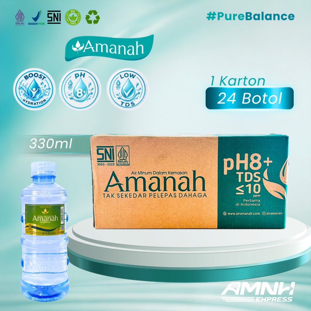 Air Mineral Amanah 330ml 1 Karton 24 Botol pH8+ Low TDS Halal SNI