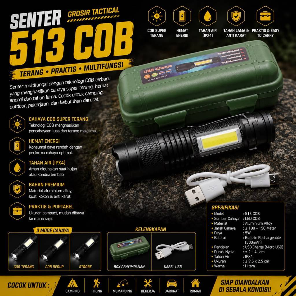 senter mini 513 COB/senter mini usb/senter led/senter mini impor/led