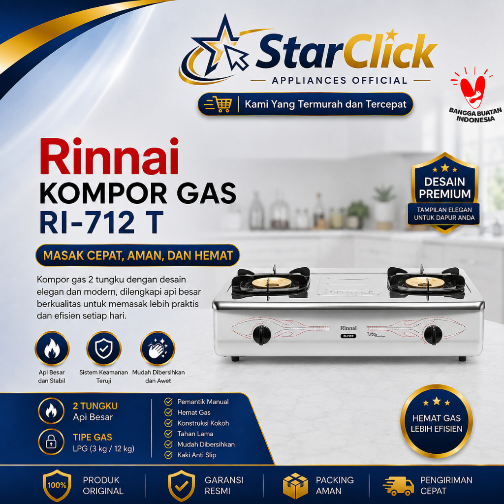 RINNAI Kompor Gas RI-712 T / RI 712 T / RI712T / RI 712 TG [2 Tungku] [Garansi Resmi]