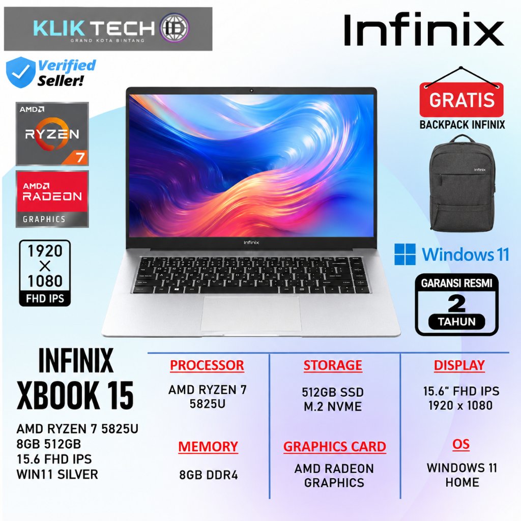 Laptop Kerja Infinix  xbook  15 AMD Ryzen 7 5825U 16GB 512GB Windows 11 15.6" FHD IPS