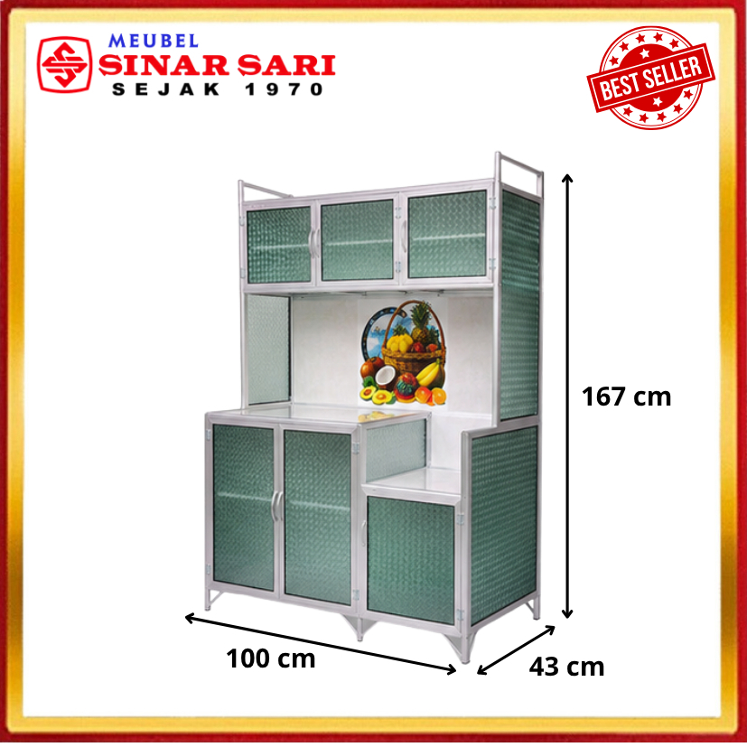 Lemari Dapur 3 Pintu Rak Piring Aluminium Kaca Motif Seng Keramik Gambar Polos Lemari Penyimpanan Da