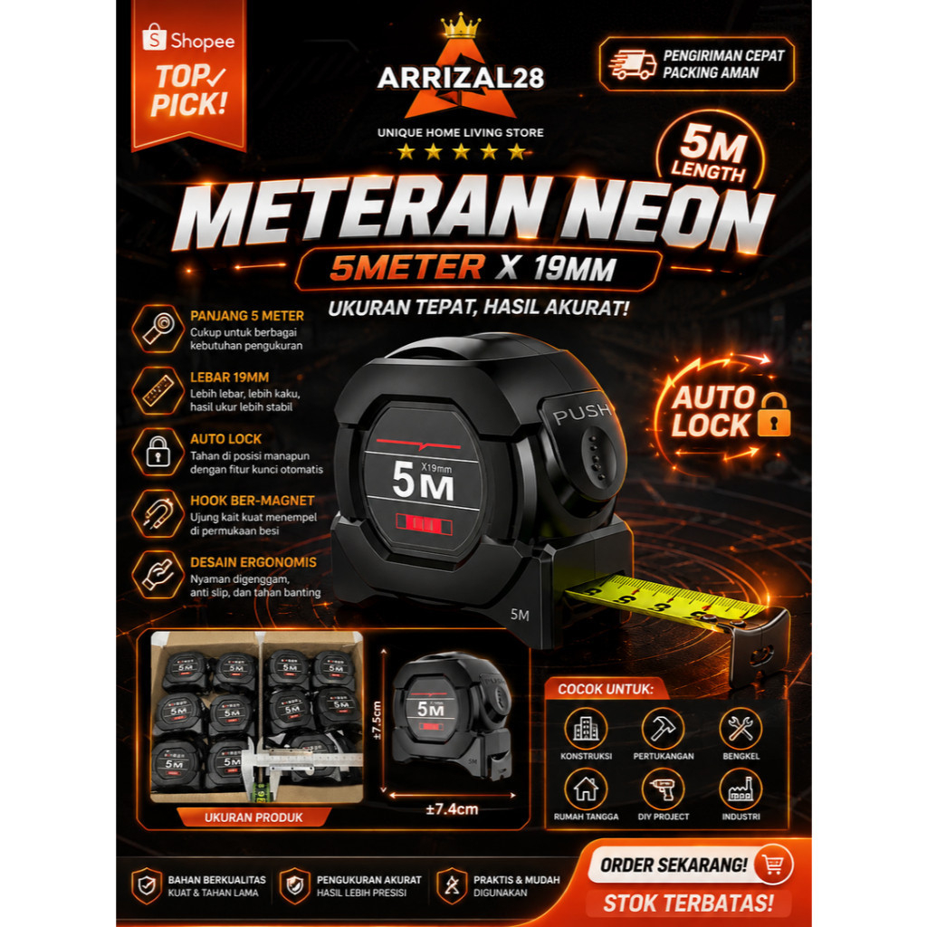 METERAN NEON 5 METER ALAT UKUR BERTEKNOLOGI BAJA PRESISI & ANTI KARAT