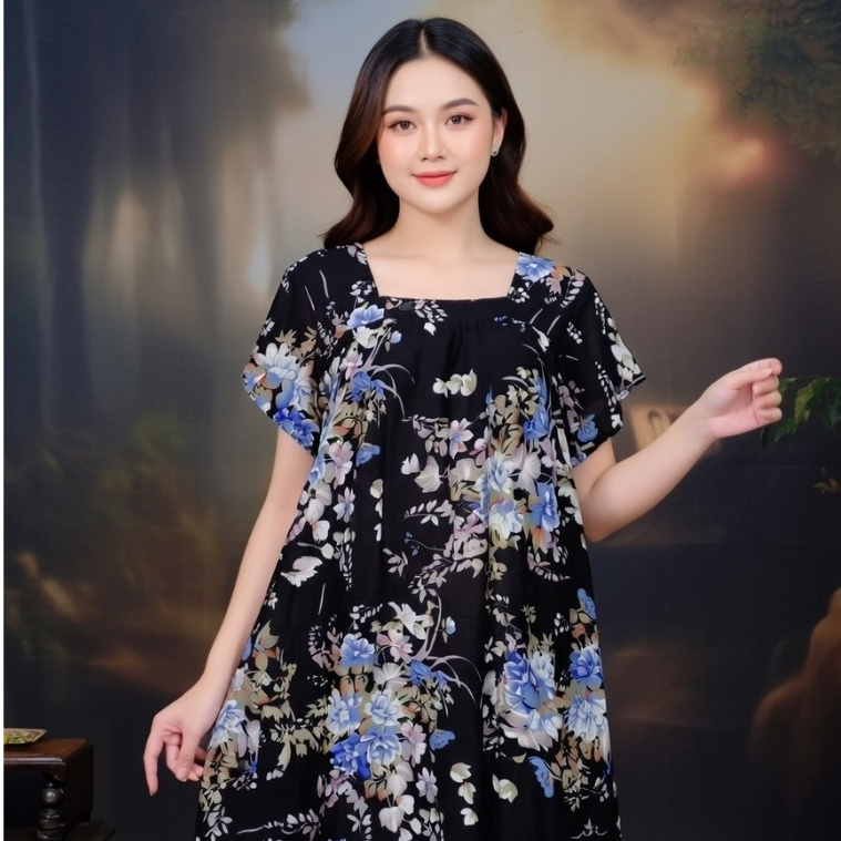 Daster Fuji Wanita Motif Bunga Kecil Random Lengan Pendek Kerut Dada Murah