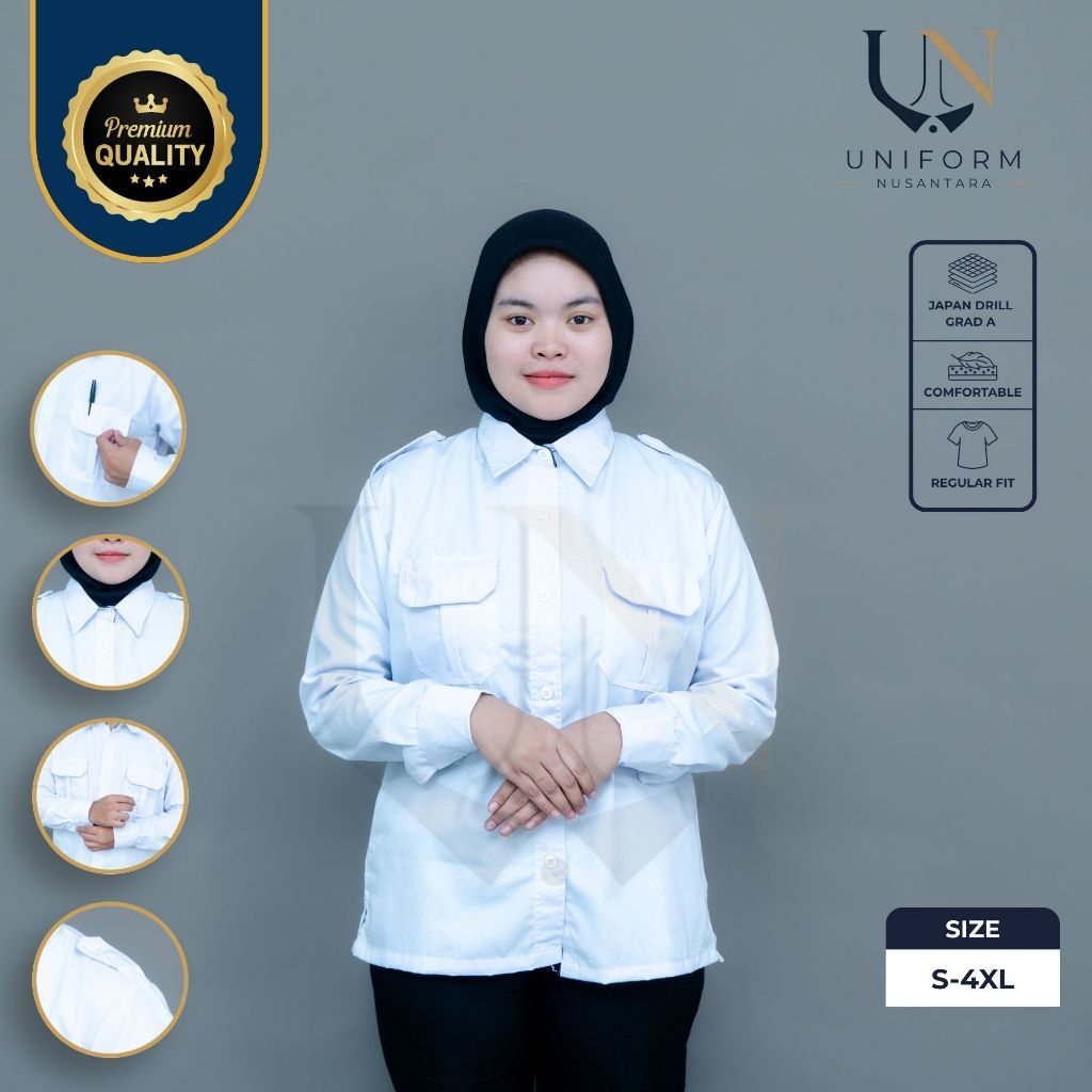 Uniform Nusantara - Baju PDH putih Wanita kerah dalam hitam kemeja PDH PNS terbaru