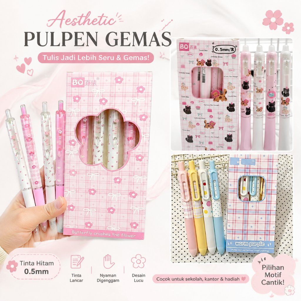 Set Pulpen Gel Lucu Rectractable Pen Pena Tekan Ballpoint Bolpen Lucu Heart Kawaii Aesthetic Tinta H