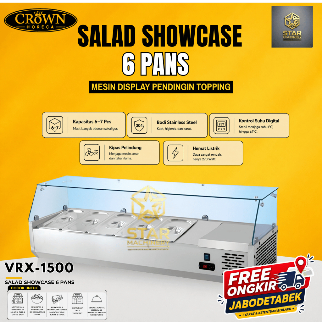 CROWN Salad Showcase kapasitas 1200L 2000L - Mesin Display Salad Kaca anti embun awet