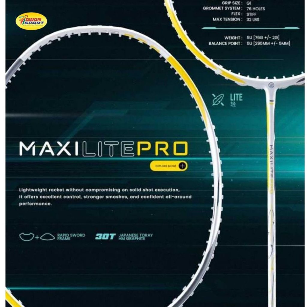 Raket Badminton PROTECH MAXILITE PRO (White Yellow)(5UG1)(MAX 32LBS)(Lite Series) Badminton Racket