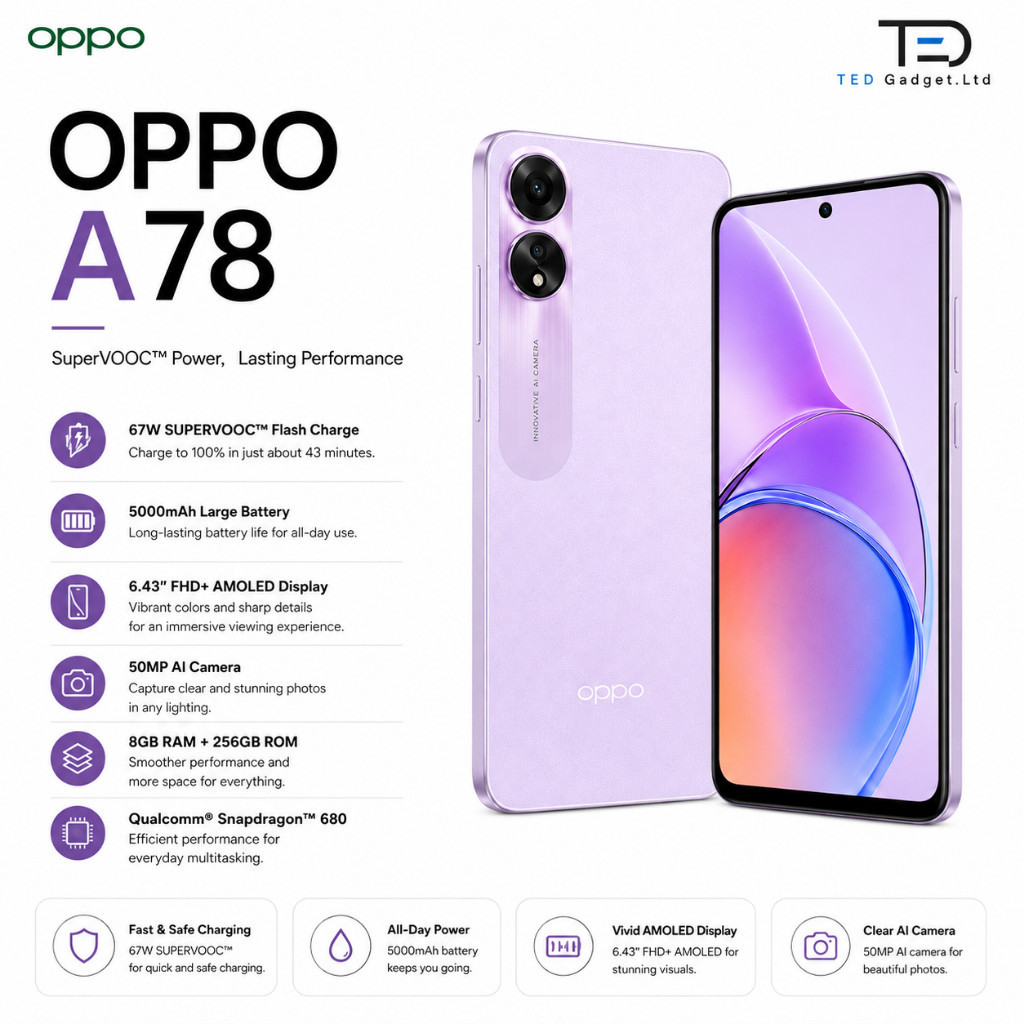 OPPO A78 | 5G NFC 8/256 8/128GB ( +8GB Extended RAM ) IND Garansi Resmi Oppo