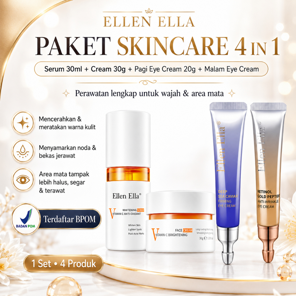 ELLEN ELLA Paket Lengkap Day & Night 4pcs Caviar Eye Cream Pagi 20g + Retinol Eye Cream Malam 20g + 