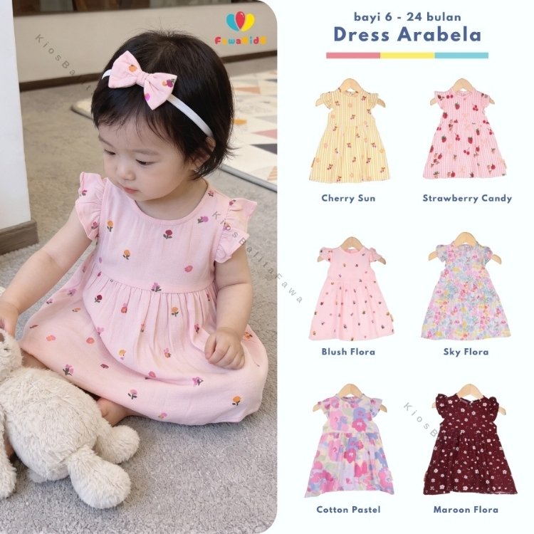 FAWA | [FREE BANDANA] Dress Arabella uk. Bayi - 2 Tahun / Dres Katun Jepang Anak Baby Perempuan New 