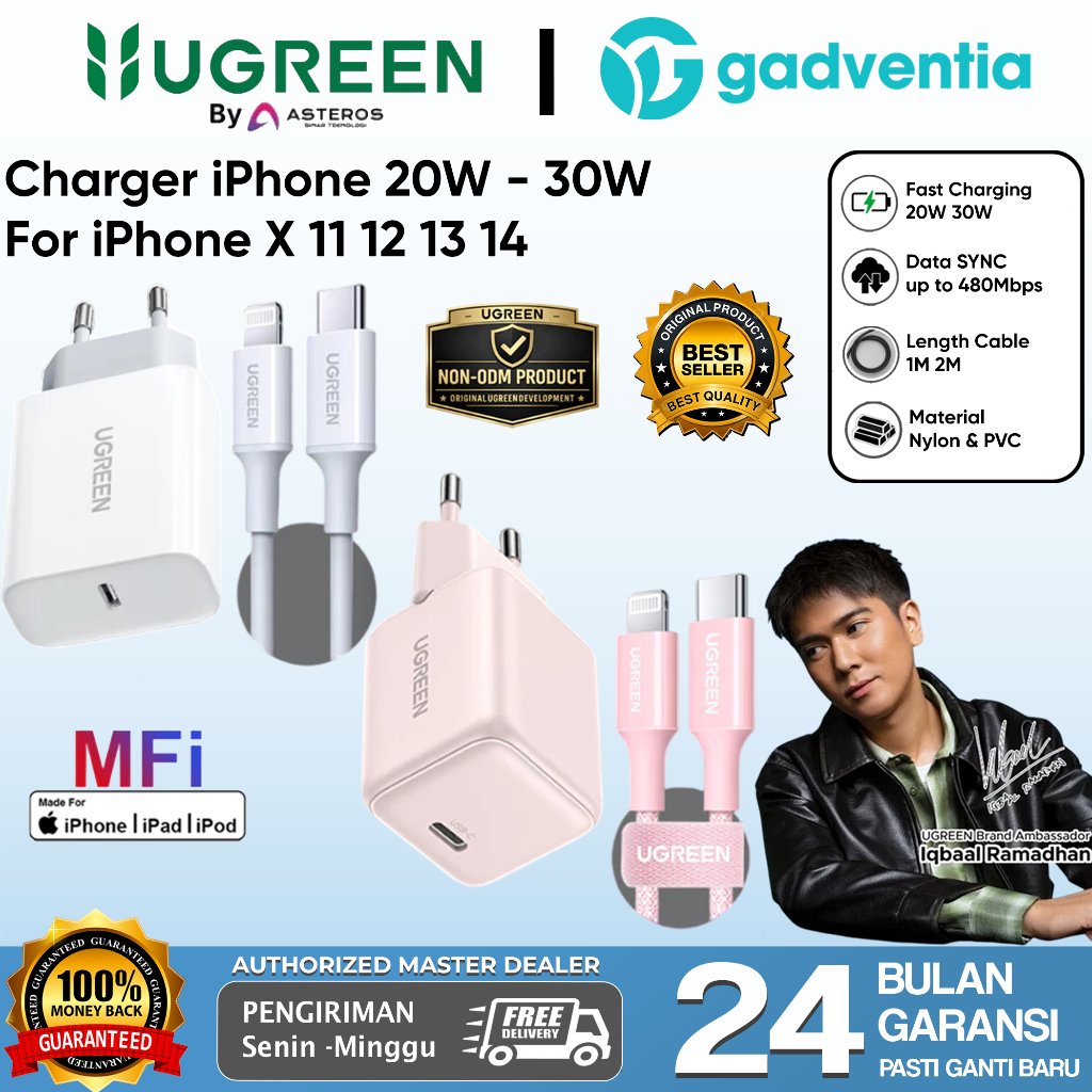 UGREEN Charger Set MFI Untuk iPhone 11 12 13 14 PD Type C to Lightning Fast Charging 20W 30W 65005