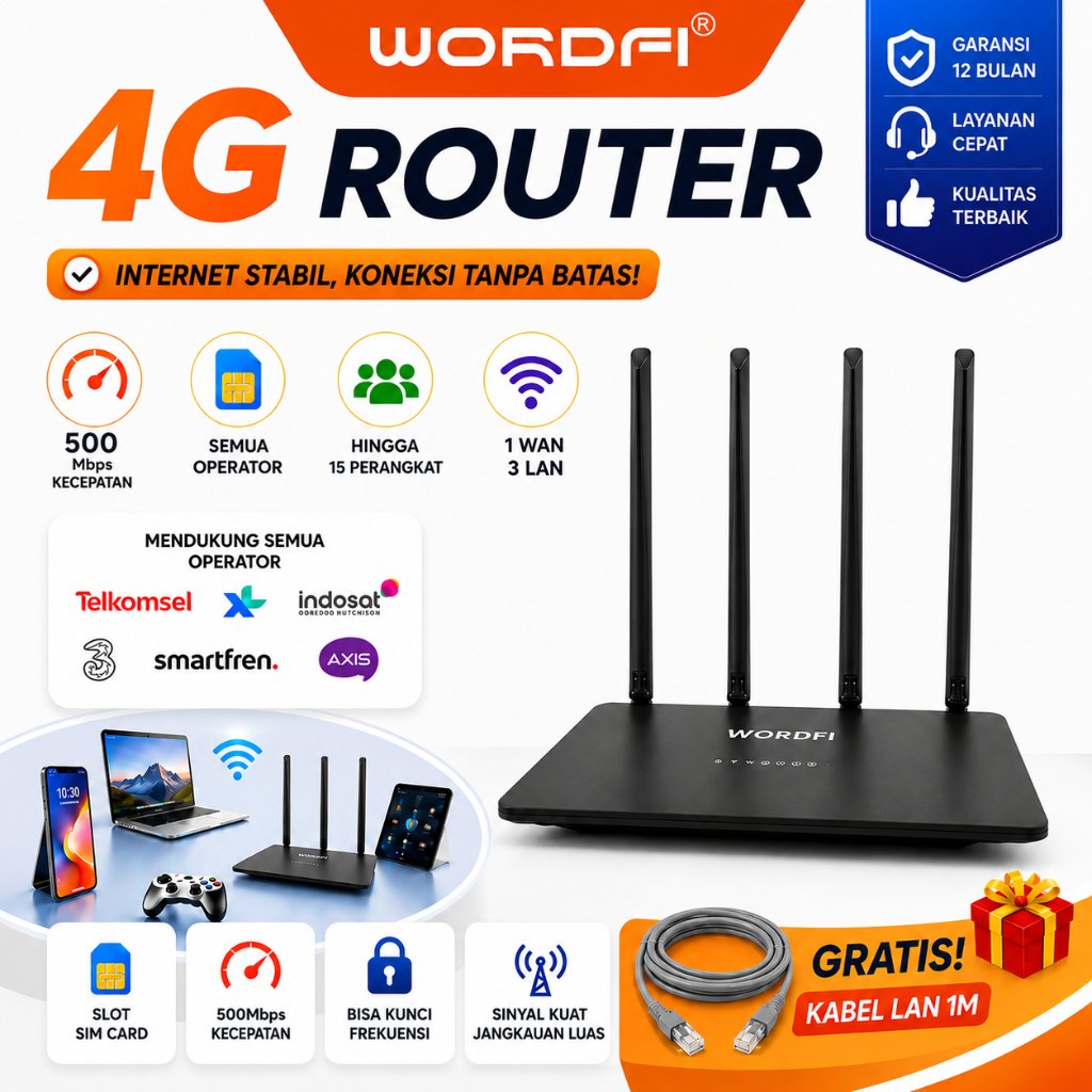 WORDFI 4G Router Mendukung Semua Operator 15 Perangkat 500Mbps 150Mbps 4G