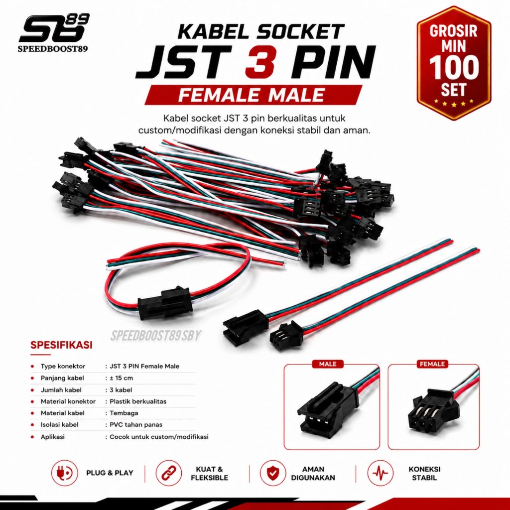 [ 100 PCS ] Socket 3 PIN Plus Kabel Male Female | Konektor JST 3 PIN LED DC