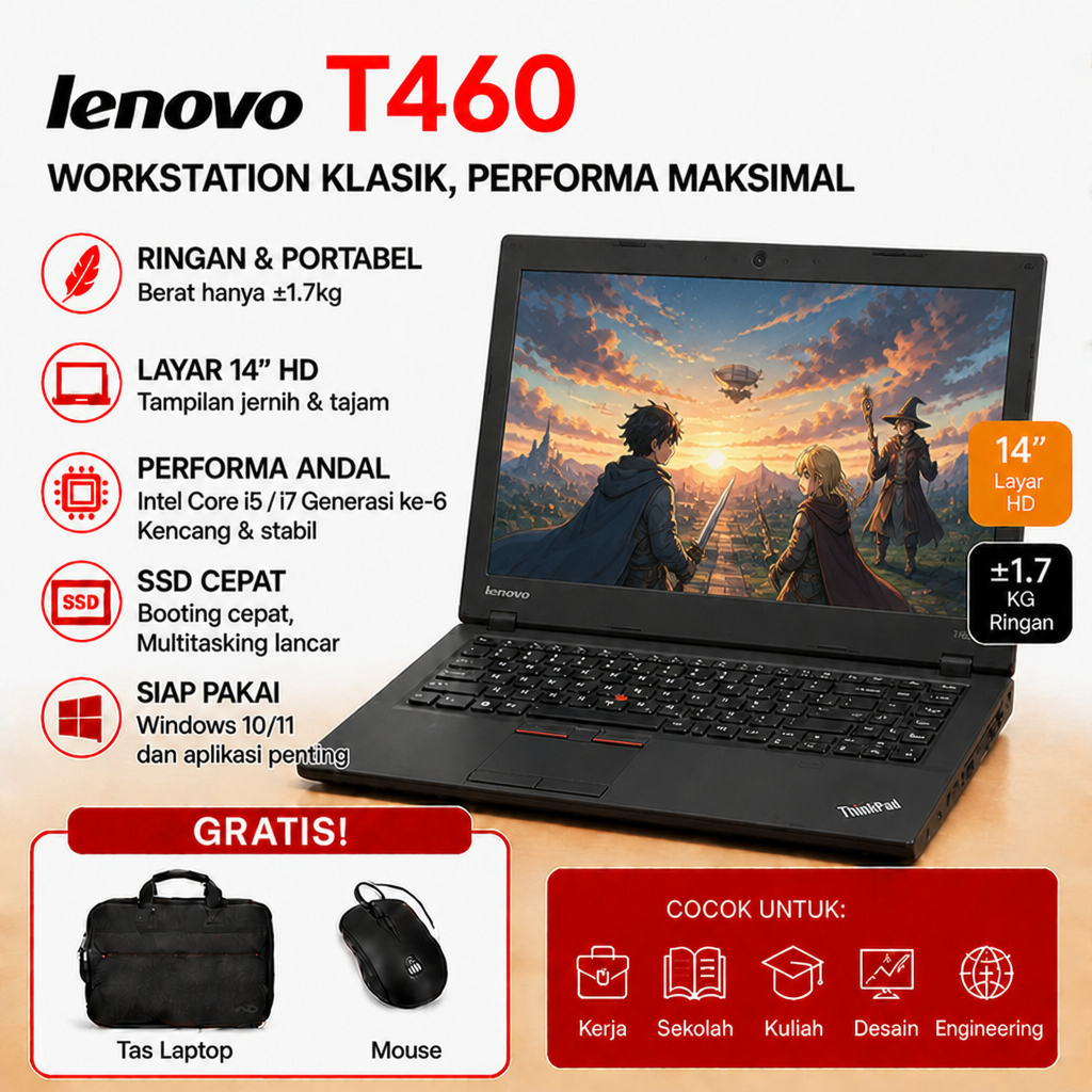 Laptop Lenovo ThinkPad T460/T460S intel i5 RAM 8GB SSD 256GB Murah Kualitas Bagus Garansi Toko Mulus