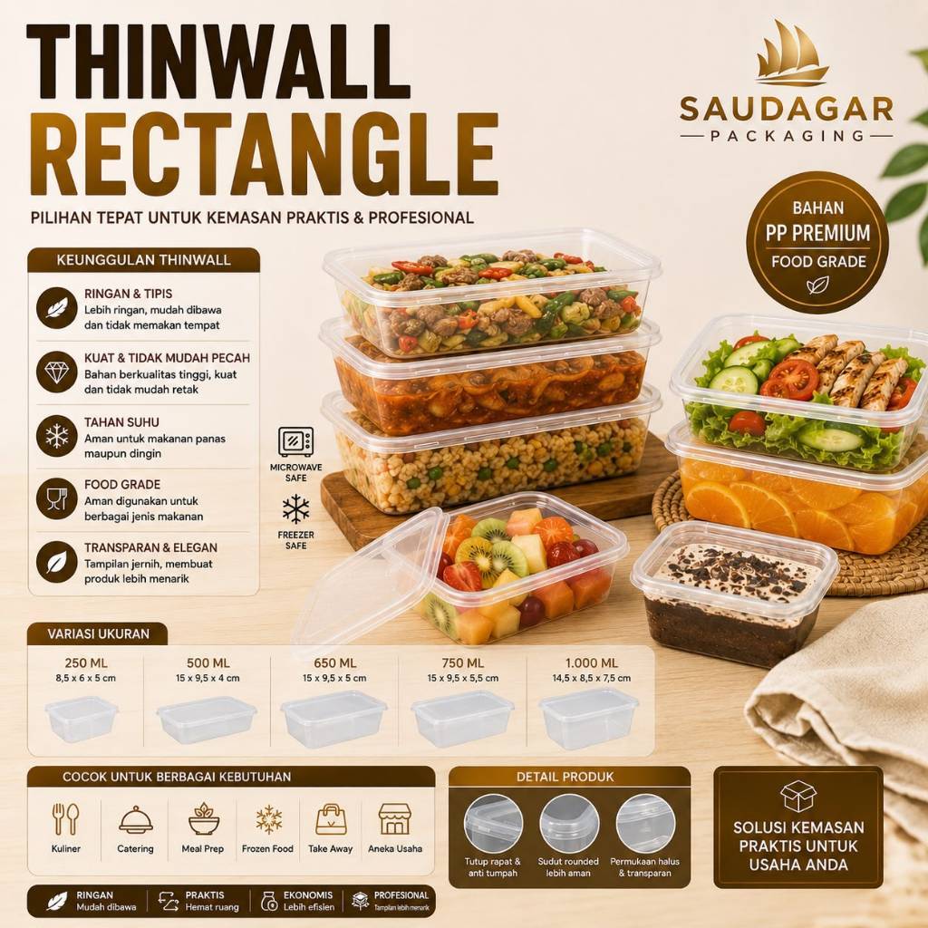 Thinwall kotak makan plastik ukuran 200ml / 400ml / 500ml / 650ml / 750ml / 1000ml