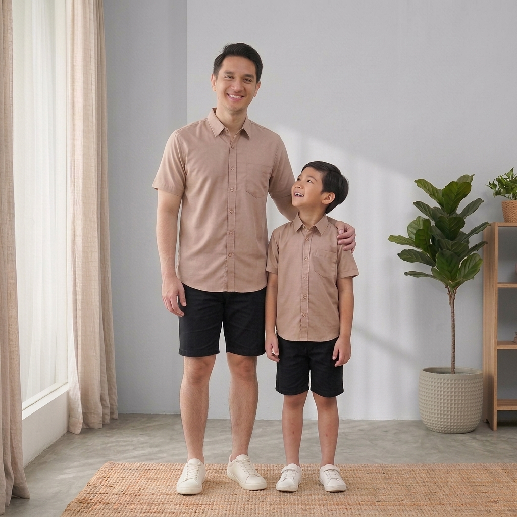 Exist Store Kemeja Polos Couple Ayah Anak Lengan Pendek Warna Coksu Mocca Cream Premium basic